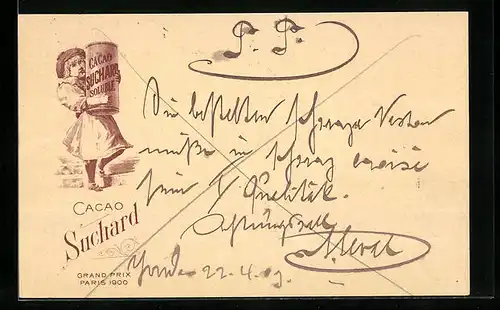 Lithographie Cacao Suchard Soluble, Mädchen mit Verpackung