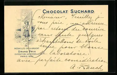 Lithographie Chocolat Suchard, Mädchen mit Schokoladenpackung