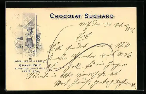 Lithographie Chocolat Suchard, Mädchen mit Schokoladenpackung