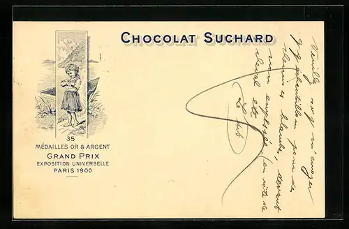 Lithographie Chocolat Suchard, Mädchen mit Schokoladenpackung am See