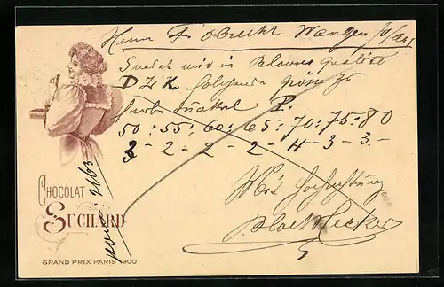 Lithographie Chocolat Suchard, Dame mit Pralinen