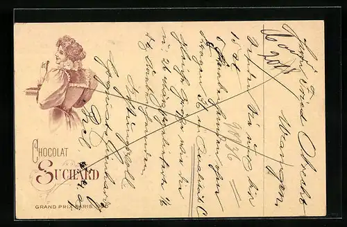 Lithographie Chocolat Suchard, Dame mit Pralinenschachtel