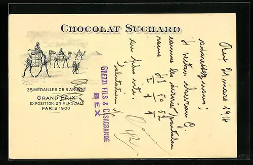 Lithographie Chocolat Suchard, Karawane in Ägypten mit Schokolade