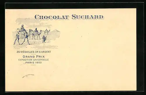 Lithographie Chocolat Suchard, Karawane vor Pyramiden mit Schokolade