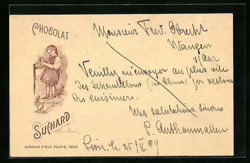 Lithographie Chocolat Suchard, Mädchen mit Schüssel und Küken