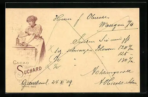 Lithographie Cacao Suchard, Hausfrau am Herd