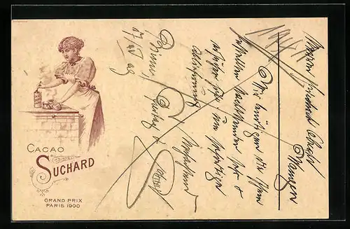 Lithographie Cacao Suchard, Hausfrau am Herd