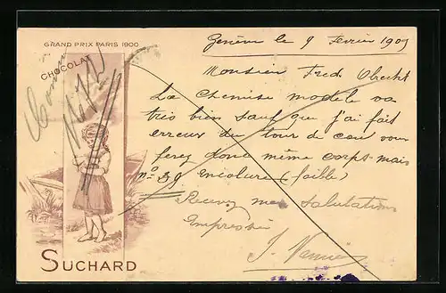 Lithographie Chocolat Suchard, Mädchen mit Schokladenpackung