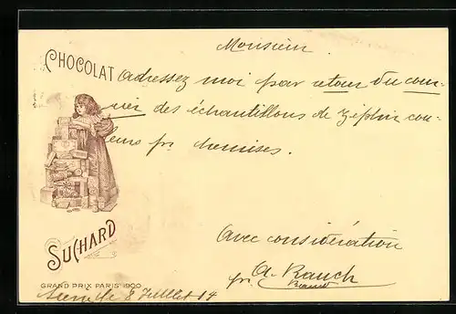 Lithographie Chocolat Suchard, Mädchen mit Verpackungen