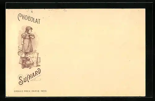 Lithographie Chocolat Suchard, Mädchen mit Wagen voller Schokolade