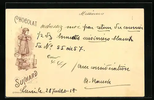 Lithographie Chocolat Suchard, Mädchen mit Wagen voller Schokolade