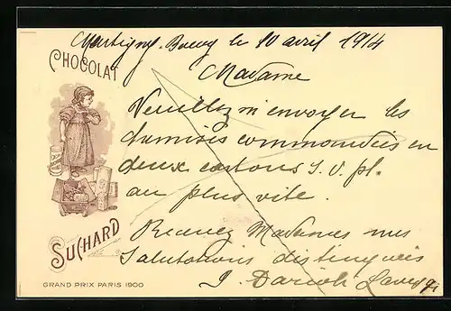 Lithographie Chocolat Suchard, Mädchen mit Wagen