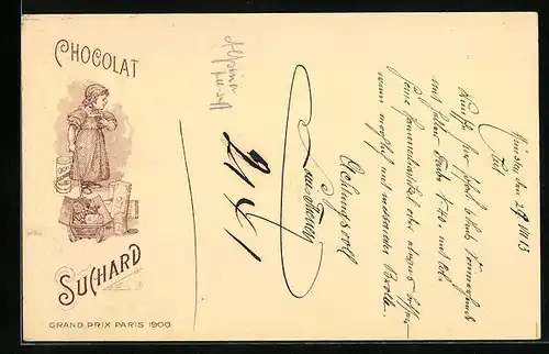 Lithographie Chocolat Suchard, Mädchen mit Handwagen
