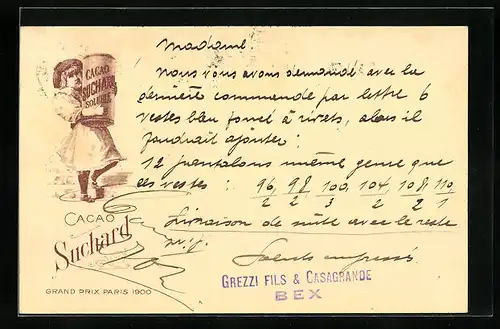 Lithographie Chocolat Suchard, Mädchen mit Schokoladenpackung