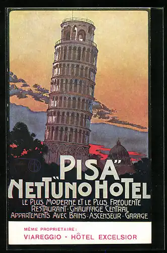 AK Pisa, Nettuno Hotel, Schiefer Turm