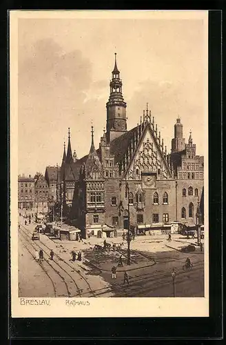 AK Breslau, Strassenpartie mit Rathaus