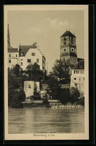 AK Wasserburg am Inn, Blick auf die Burg vom Fluss aus