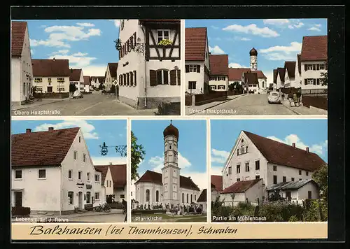 AK Balzhausen, Ansichten Hauptstrasse, Pfarrkirche, Partie am Mühlenbach