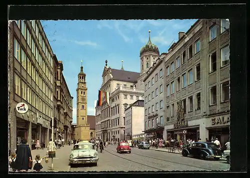 AK Augsburg, Untere Maximilianstrasse mit Rathaus und Perlachturm