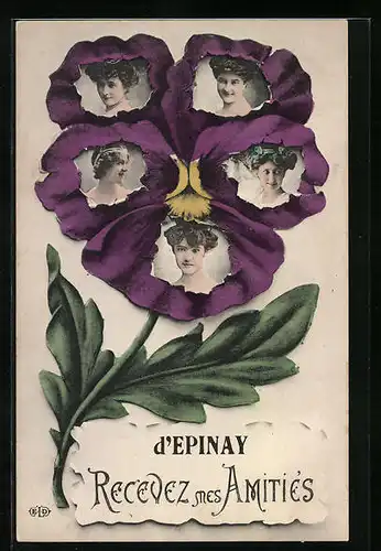 Blumengruss-AK Epinay, Frauenportraits auf Stiefmütterchen