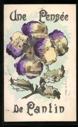 Blumengruss-AK Pantin, Gebäudeansichten auf Stiefmütterchen