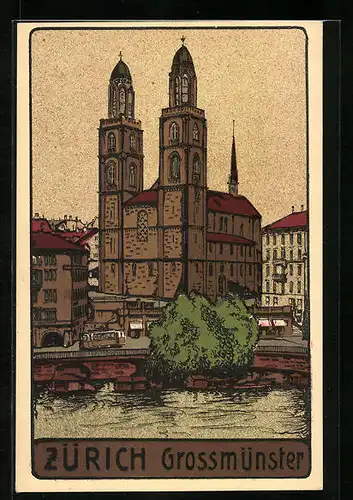 Steindruck-AK Zürich, Ansicht vom Grossmünster