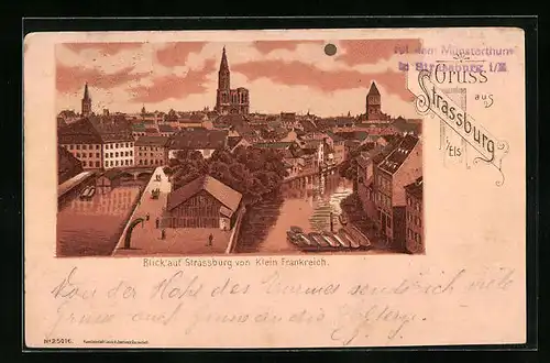 Mondschein-Lithographie Strassburg, Totalansicht von Klein Frankreich aus