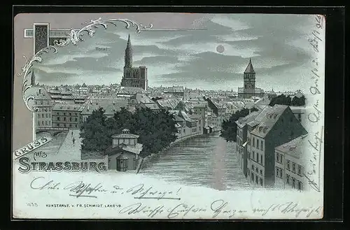 Mondschein-Lithographie Strassburg, Totalansicht mit Münster