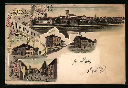 Lithographie Sufflenheim, Gasthaus zur Krone, Bahnhof, Gasthaus zur Post