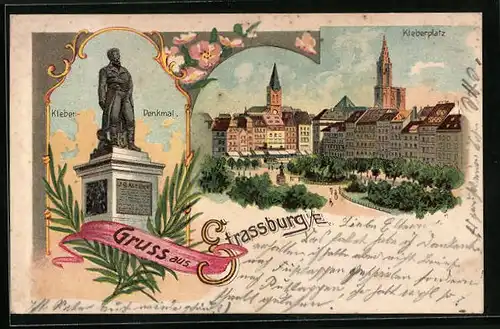 Lithographie Strassburg, Kleberplatz, Kleber-Denkmal