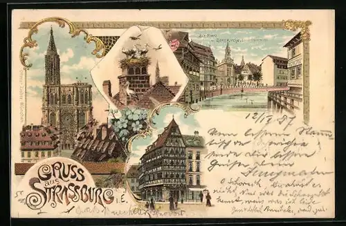Lithographie Strassburg, Zix-Platz u. Zionskirche, Münster, Ortspartie