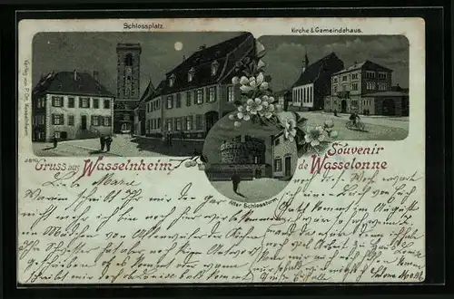 Mondschein-Lithographie Wasselnheim, Schlossplatz, Kirche & Gemeindehaus