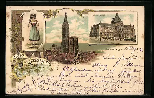 Lithographie Strassburg, Kaiserpalast, Münster, Tracht