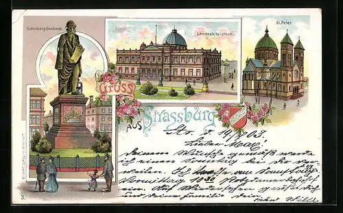 Lithographie Strassburg, Gutenberg-Denkmal, St. Peter, Landesbibliothek