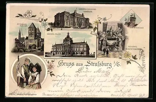 Lithographie Strassburg, Kaiserl. Palais, Landesausschuss-Gebäude, St. Thomas-Kirche