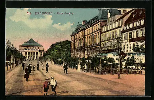 AK Strassburg, Place Broglie, mit Flaneuren