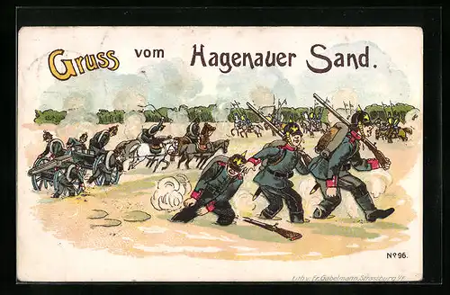 Künstler-AK Hagenau, Hagenauer Sand, Soldaten mit Pferden u. Kanone