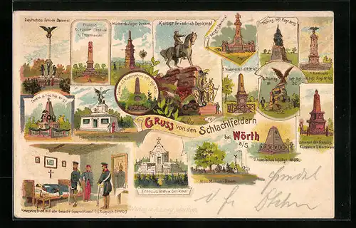 Lithographie Wörth a. S., Deutsche Armee Denkmal, Bayerisches Armee-Denkmal, Kaiser Friedrich Denkmal