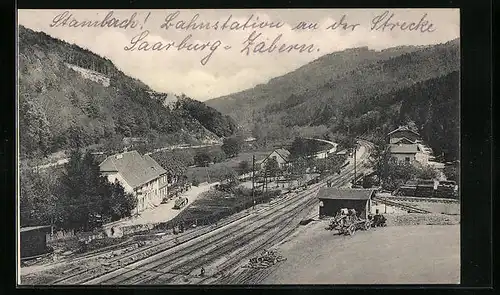 AK Stambach bei Zabern, Ortspartie mit Bahngleis