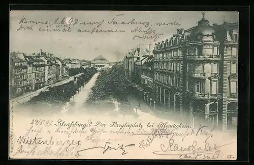 Mondschein-AK Strassburg, Der Broglieplatz bei Vollmond