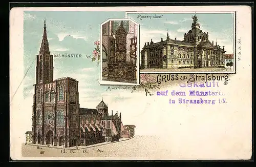 Lithographie Strassburg, Kaiserpalast, Münster, Münsteruhr