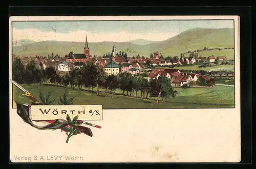 Lithographie Wörth a. S., Panorama mit Kirche