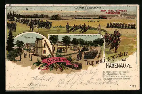 Lithographie Hagenau, Truppenübungsplatz, Baracken, Strasse im unteren Lager
