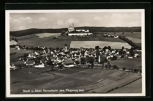 AK Neresheim, Teilansicht mit Abtei, Fliegeraufnahme