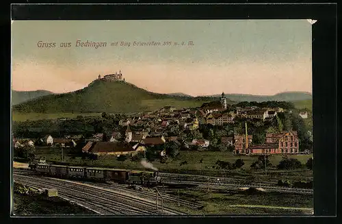 AK Hechingen, Teilansicht mit Burg Hohenzollern und Eisenbahn