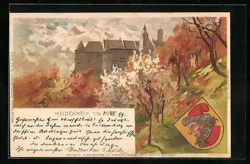 Künstler-AK Heidenheim a. Br., Ortspartie mit Schloss u. Wappen