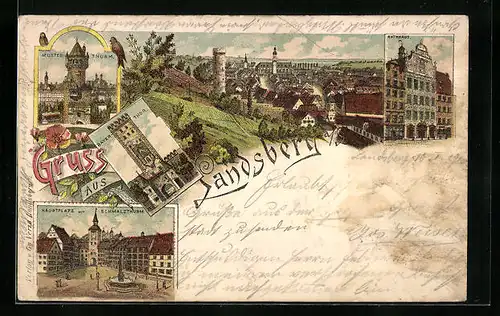 Lithographie Landsberg a. S., Hauptplatz mit Schmalzthurm, Rathaus