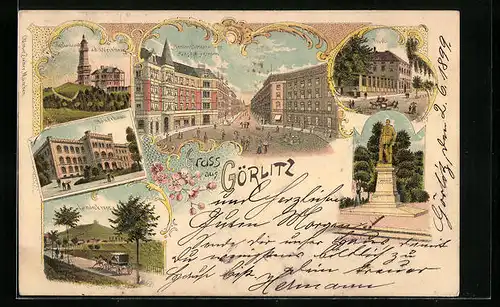 Lithographie Görlitz, Restaurant Tivoli, Berliner Strasse vom Bahnhof gesehen, Restaurant auf dem Weinberg