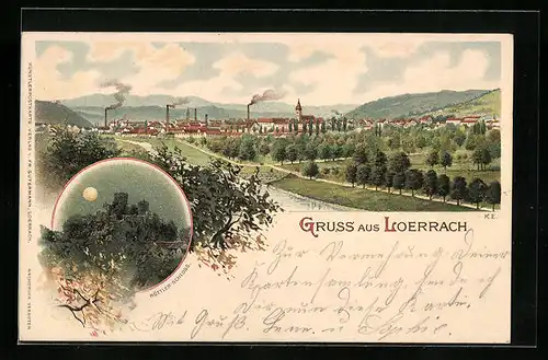 Lithographie Loerrach, Röttler-Schloss im Mondlicht, Ortsansicht