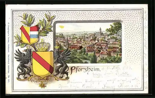 Passepartout-Lithographie Pforzheim, Blick über die Stadt, Wappen